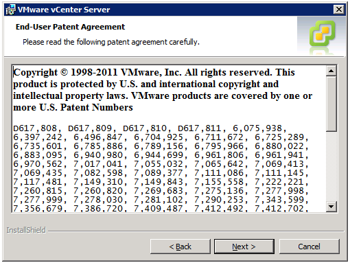 VMware vCenter Server Installer - End-User Patent Agreement