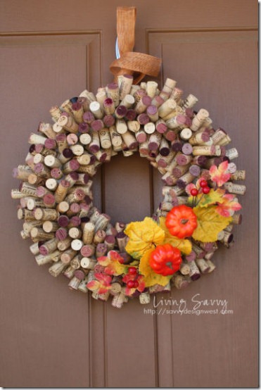 friday feature--fall wreath made out of wine corks from living savvy blog