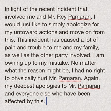 Melissa Mendez's public apology on Instagram