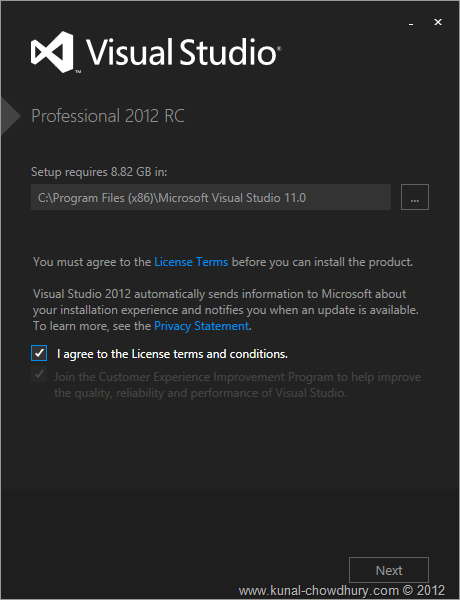 VS2012 Installation Experience - Screen 1 - Agreement