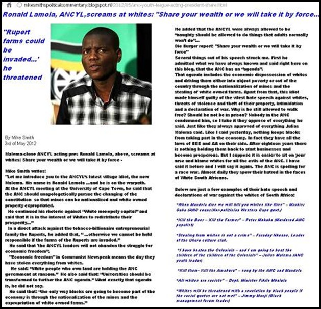 ANC HATESPEECH RONALD LAMOLA GIVE ALL WHITE PROPERTY OR WE WILL TAKE IT BY FORCE MAY 3 2012 UWC MIKE SMITH