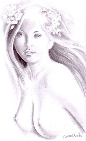 Fata cu flori de cires in par desen in creion - Girl with cherry flowers pencil drawing