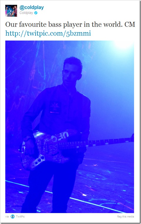 Twitter - @coldplay- Our favourite bass player ...