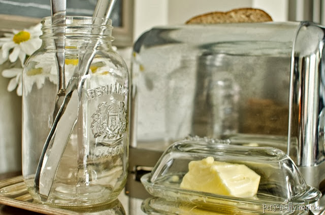 Toaster Tidy-Up | toaster, mason jar for knives, butter dish on a vintage tray| personallyandrea.com