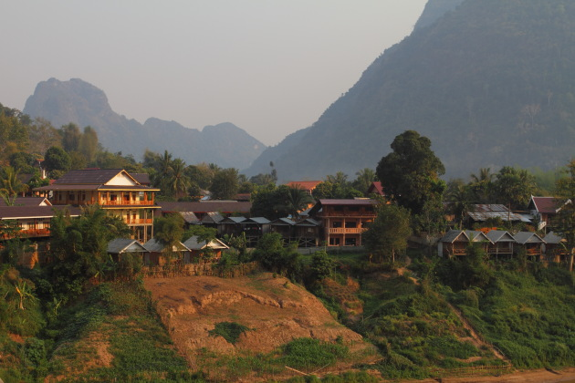 Nong Khiaw guest houses facing the river and nestled among the mountains