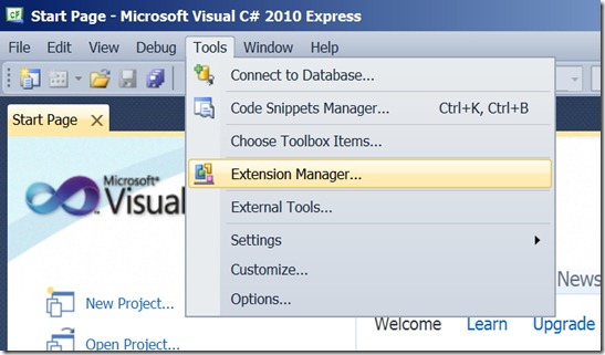 1. Invoke VS 2010 Express Extension Manager