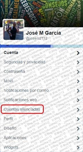 Ver usuarios silenciados en Twitter - opción cuentas silenciadas