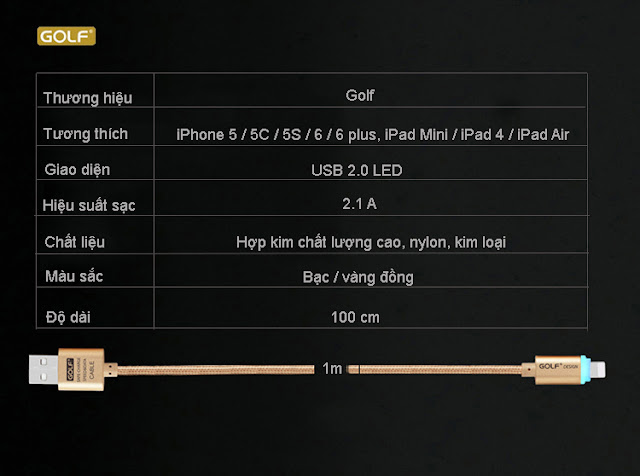 Cáp sạc Lightning LED cho iPhone (loại 1m) Cáp iPhone
