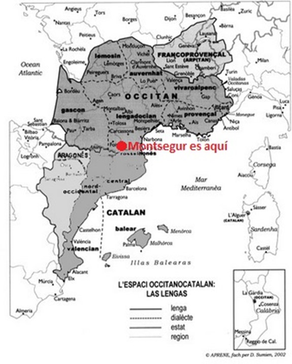 Mapa lingüistica de l'espaci europèu occitanò-catalan-aragonés e arpitan Montsegur es aquí