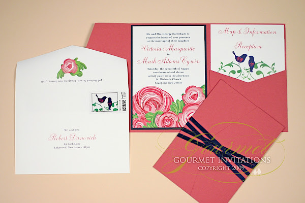 pocketfold wedding invitations, invitations with a pocket, invitations that look like a folder, pink flower invitations, pink and navy blue wedding invitations, wedding invitations with love birds, peony wedding invitations, wedding invitations with ribbon, echo lake country club wedding