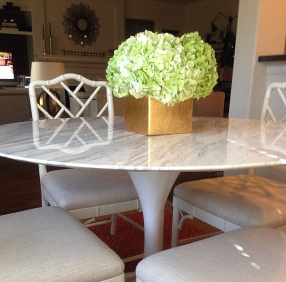 Paloma Contreras Design | Tulip Table, Bamboo Chairs, Hydrangeas, Gold