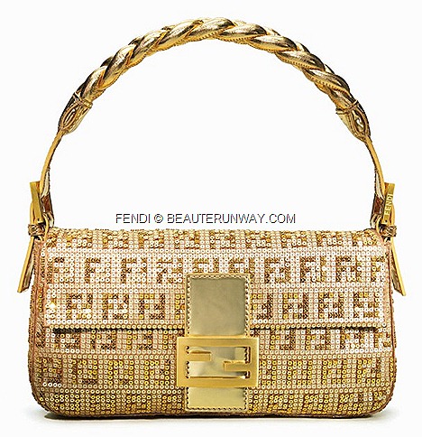 FENDI GOLD BAGUETTE BAG braided iconic designs double FF sequins double F gold matt leather clasp calf skin, pony hair, sequins, beads, colours, braided pleat gold handle Cover BOOK