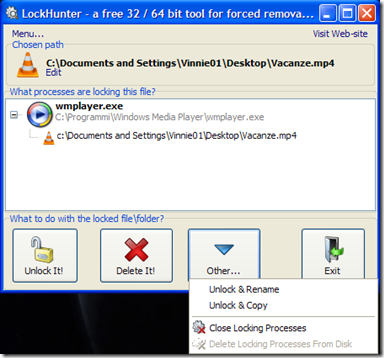 LockHunter gestione file bloccato
