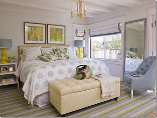 All In The Detail At Foot Of Bed Bedroom Modern Traditional Blue Yellow White Tan Seafoam Green Tufted Ottoman Bench Foot Of Bed Coastal Living Patterned