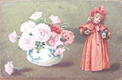 vintage foreign post card with carnations and girl