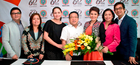 (L-R) ABS-CBN business unit head Reily Santiago, News and Current Affairs head Ging Reyes, president and CEO Charo Santos, Roderick Paulate, Amy Perez, broadcast head Cory Vidanes and TV production head Laurenti Dyogi.