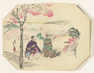 Twee hovelingen bij bloesemende bomen