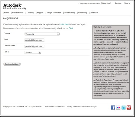 Formulario de registro en el programa educativo de Autodesk - Paso 1