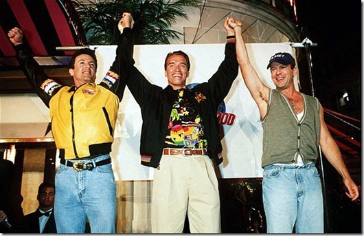 Opening of Planet Hollywood Restaurant, London, Britain - 1993...Manadatory Credit: Photo by RICHARD YOUNG / Rex Features (215132a)<br /> SYLVESTER STALLONE,ARNOLD SCHWARZENEGGER AND BRUCE WILLIS AT THE LAUNCH OF 'PLANET HOLLYWOOD RESTAURANT CHAIN.<br /> Opening of Planet Hollywood Restaurant, London, Britain - 1993<br /> <br />