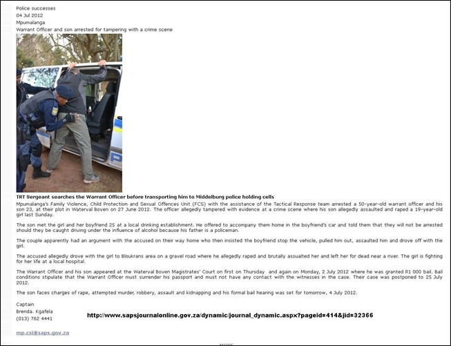 MIDDELBURG AFRIKANER WO AND SON ARRESTED FOR TAMPERING WITH CRIME SCENE 4 JULY 2012