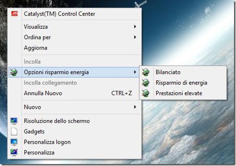 Opzioni di risparmio energia nel menu contestuale del mouse sul Desktop