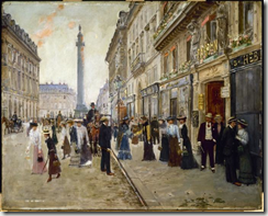 Jean Béraud, La sortie des ouvrières de la maison Paquin, rue de la Paix, vers 1902. Huile sur bois.