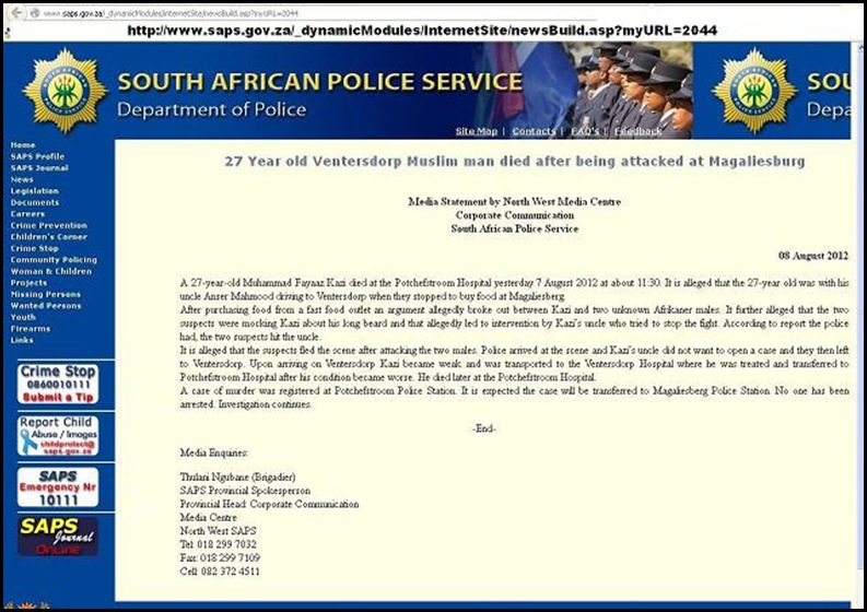 magaliesburg muslim man beaten to death SAPS STATEMEMT 2 Afrikaner males