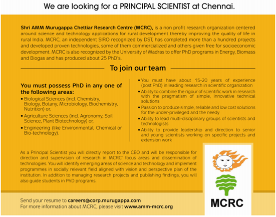 MCRC Chennai Principal Scientist Job Opening