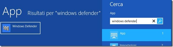 Ricerca Windows Defender dalla Charm Bar di Windows 8