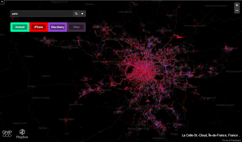 Map of Twitter users in Paris by mobile OS