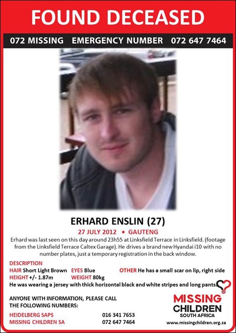 ENSLIN Erhard killed 27 july 2012 Linbksfield Gauteng head bashed in