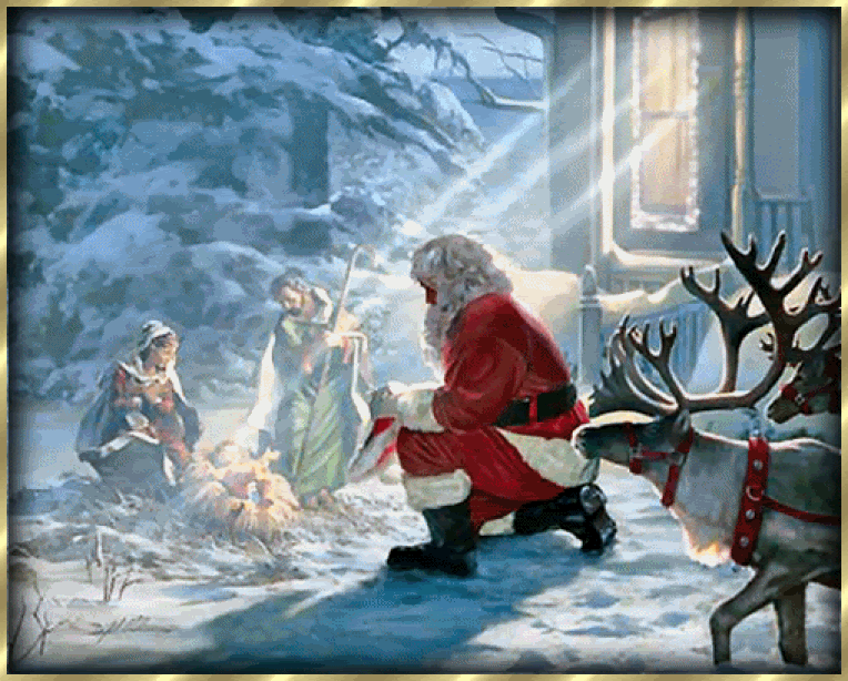 Santa looks at Nativity