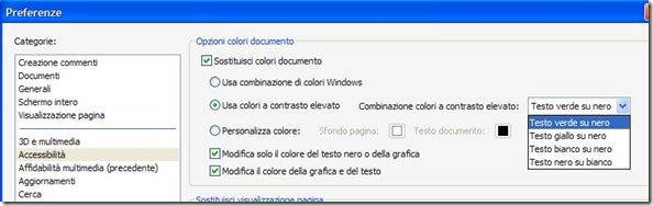 Adobe Reader Preferenze Opzioni colori documento