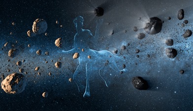 ilustração de Centauro com asteroides e cometas