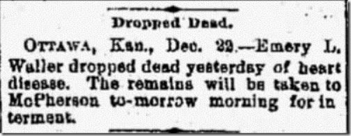 Waller Emery Obituary Hutchinson News 23 Dec 1890