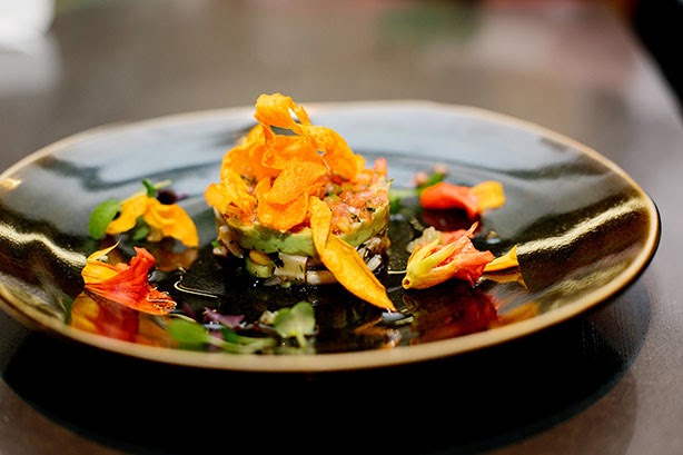 Entree is served - Kingfish ceviche with avocado puree, tomato salsa, finger limes and sweet potato crisps. Created by Foodish using fresh produce from Fyshwick Fresh Food Market. HerCanberraDinner120.jpg