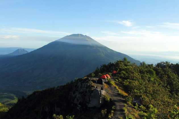 Campsite overlooking Mount Merbabu in Central Java, Indonesia