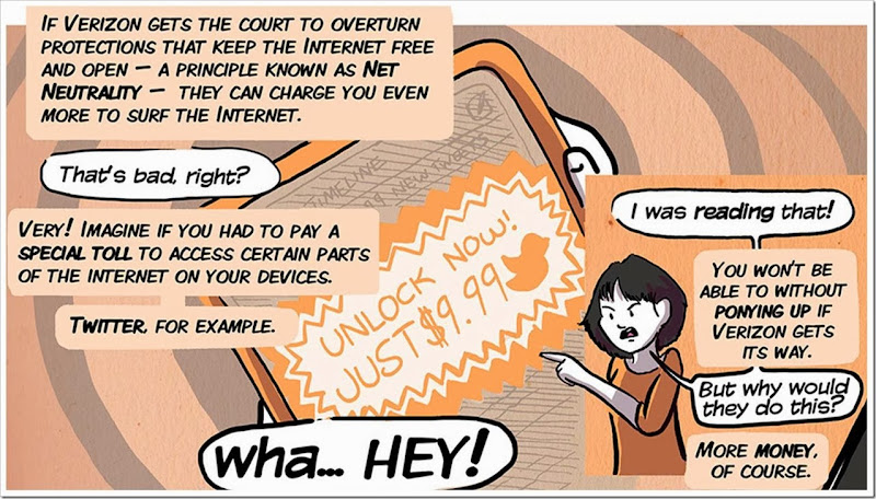 Comic depicting what would happen if big ISPs were allowed to charge for tiered internet access.