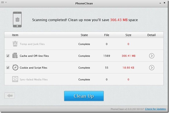 PhoneClean 2 avviare pulizia file inutili