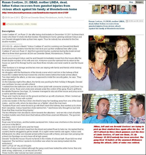 Coetzee Linda and Ruaan mother son dead 3 black males attack Dec102011 Wonderboom