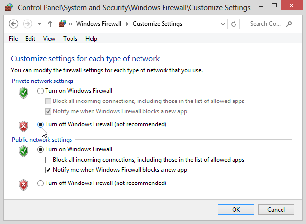 Turning off Windows 8 Firewall for Private Networks