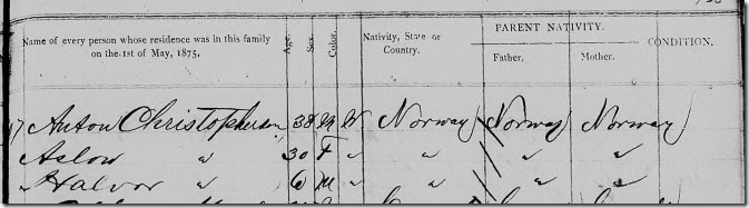 Christopherson, Ole Anthon and Family - 1875 Benson, Swift, Minnesota State Census