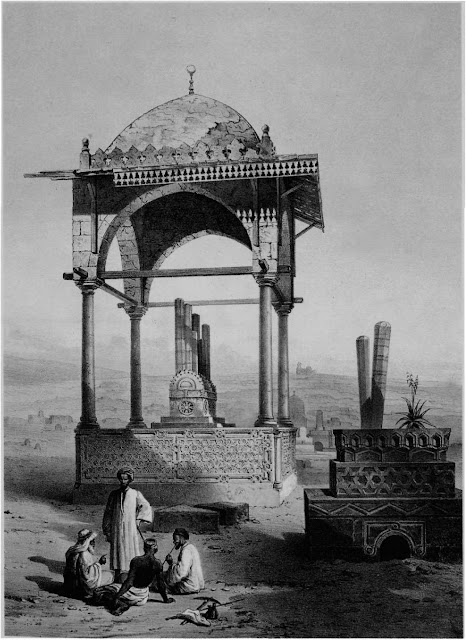 Tombojan emir in the Qarafa cemetery, 18th century. This tomb in the southern cemetery (Qarafa) is defined by its elegant columns and light dome which effects airiness and modesty. The canopied dome is typical of tombs that from the Mamluke period onward could be purchased ready-designed.