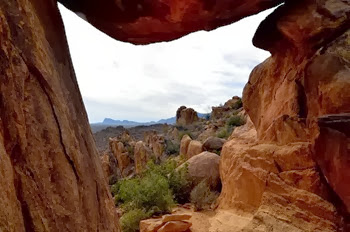 through the window at Balanced Rock in the Grapevine Hills