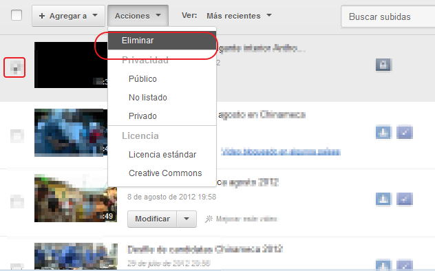 Borrar videos en youtube