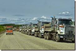 Dump trucks lined up ready to dump gravel onto the oily tar base being applied to the road