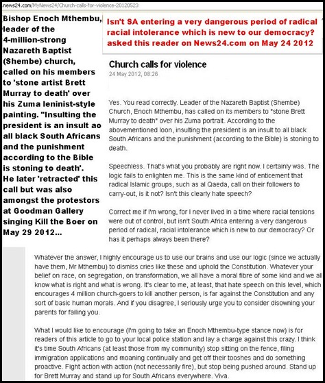 Black racist hatespeech ZUMA painting BAPTIST CHURCH LEADER ENOCH MTHEMBU CALLS FOR STONING TO DEATH OF ARTIST BRETT MURRAY