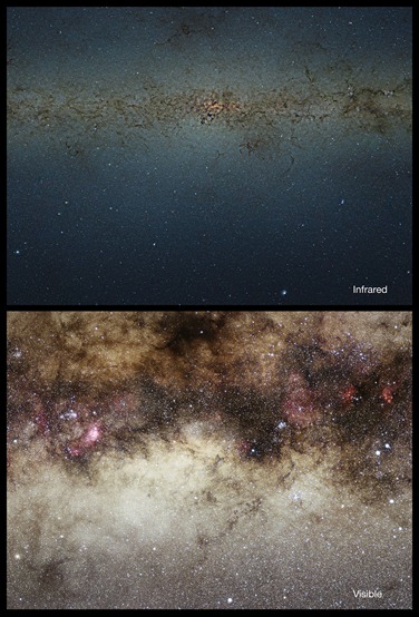regiões centrais da Via Láctea no infravermelho e visível