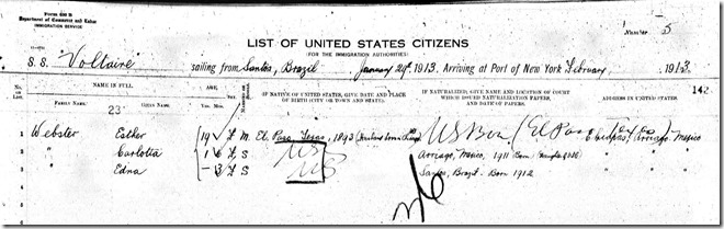 Passenger List for Esther, Carlota, and Edna Webster Feb. 19, 1913 Image Straightened and Cropped Passenger List for Esther, Carlota, and Edna Webster Feb. 19, 1913 Image Straightened and Cropped