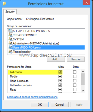 Permissions for netcut-Windows 8